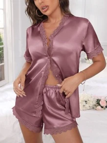 蕾丝边缎面睡衣套装 - 淡紫色 - 查看 2