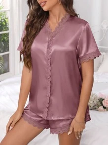 蕾丝边缎面睡衣套装 - 淡紫色 - 查看 4