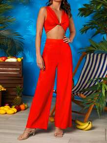 Twist Front Crop Top & High Waist Trousers - Red - View 1