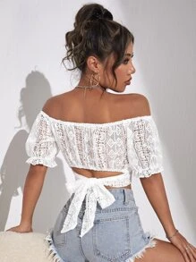 SHEIN Privé Off Shoulder Puff Sleeve Tie Back Guipure Lace Top - White - View 2