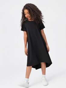 SHEIN Girls Solid High Low Dress - Black - View 1
