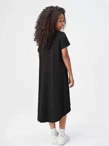 SHEIN Girls Solid High Low Dress - Black - View 2