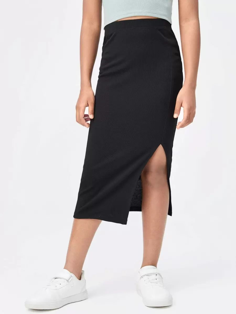 SHEIN 女孩高腰高衩半身裙