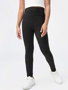 SHEIN Tween Girls High Waist Knitted Wide Belt Pocket Leggings, Casual Spring & Summer