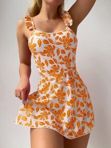 熱帶印花荷葉邊連體泳衣，附海灘裙 - 橘色 - 查看 2