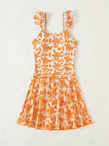 熱帶印花荷葉邊連體泳衣，附海灘裙 - 橘色 - 查看 5