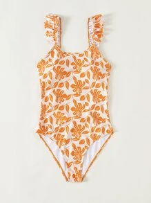 熱帶印花荷葉邊連體泳衣，附海灘裙 - 橘色 - 查看 6
