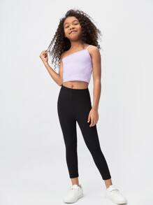 SHEIN Tween Girl Casual Knitted High Waisted Solid Color Capri Leggings - Black - View 5
