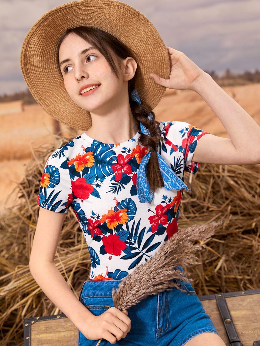 SHEIN 青少年女孩花和熱帶圖案T恤 - 彩色 - 查看 1