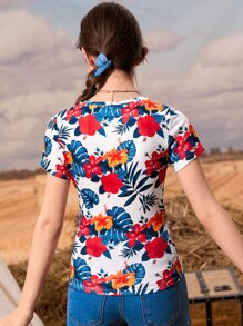 SHEIN 青少年女孩花和熱帶圖案T恤 - 彩色 - 查看 2