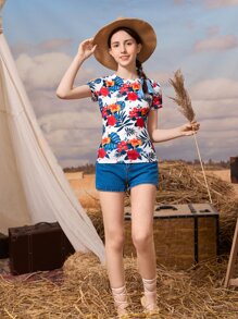 SHEIN 青少年女孩花和熱帶圖案T恤 - 彩色 - 查看 5