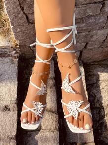 Sandalias de tiras con diseño de mariposa plano - Blanco - Ver 3