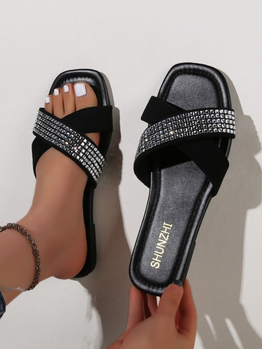 Phụ nữ Rhinestone Decor Criss Qua Qua Quai Trượt Sandals, Thời Trang Mùa Hè Ngoài Trời Thủy Tinh Flat Sandals - màu đen - Xem 1