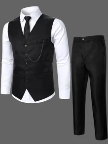 Calvornis Men Suits Kantong Tombol Depan Plain Kerja - Hitam - View 1