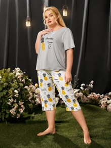 Plus Pineapple Print Tee & Trousers Pyjama Set - Multicolor - View 4