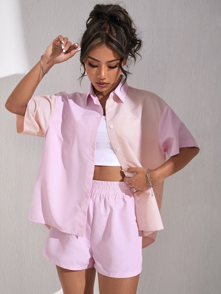 High Waist Striped Print Shorts - Baby Pink - View 1