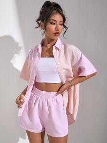 High Waist Striped Print Shorts - Baby Pink - View 3