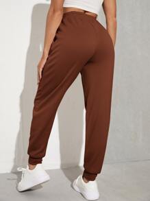 Muchica Solid Drawstring Waist Slant Pocket Joggers - Brown - View 2