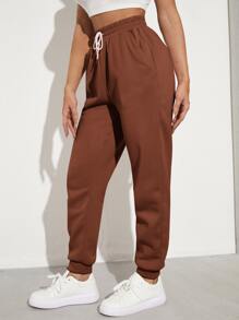 Muchica Solid Drawstring Waist Slant Pocket Joggers - Brown - View 3