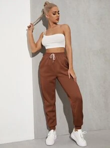 Muchica Solid Drawstring Waist Slant Pocket Joggers - Brown - View 5