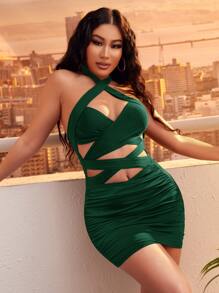 SHEIN SXY 素色交叉鏤空露背連衣裙 - 墨綠色 - 查看 3