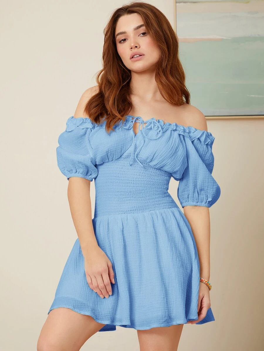 SHEIN VCAY 一字肩木耳邊繫帶打攬連衣裙 - 淺藍色 - 查看 1