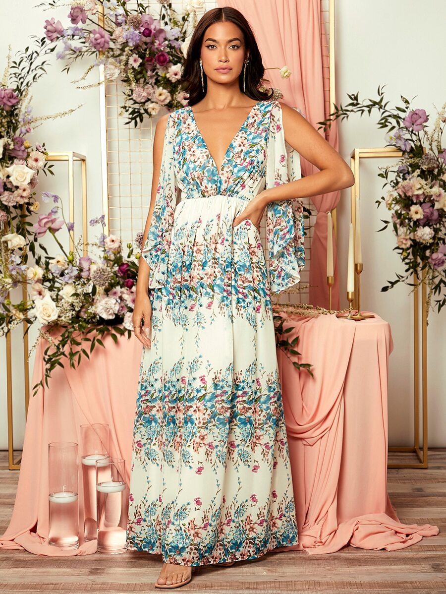 Floral Split Sleeve Maxi Dress - Multicolor - View 1