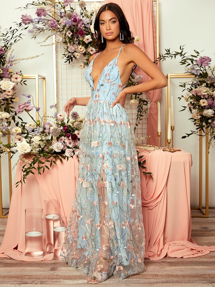 SHEIN Belle Floral Embroidery Mesh Overlay Dress - Multicolor - View 7