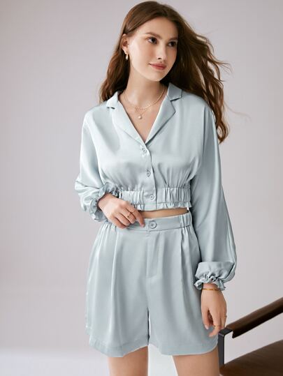 SHEIN Frenchy Flounce Sleeve Frilled Satin Blouse & Shorts