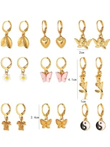 9pairs Heart & Butterfly Drop Earrings - Multicolor - View 3
