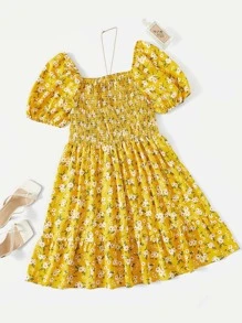 SHEIN Holidaya Plus Floral Print Shirred Puff Sleeve Ruffle Hem Dress - Yellow - View 1