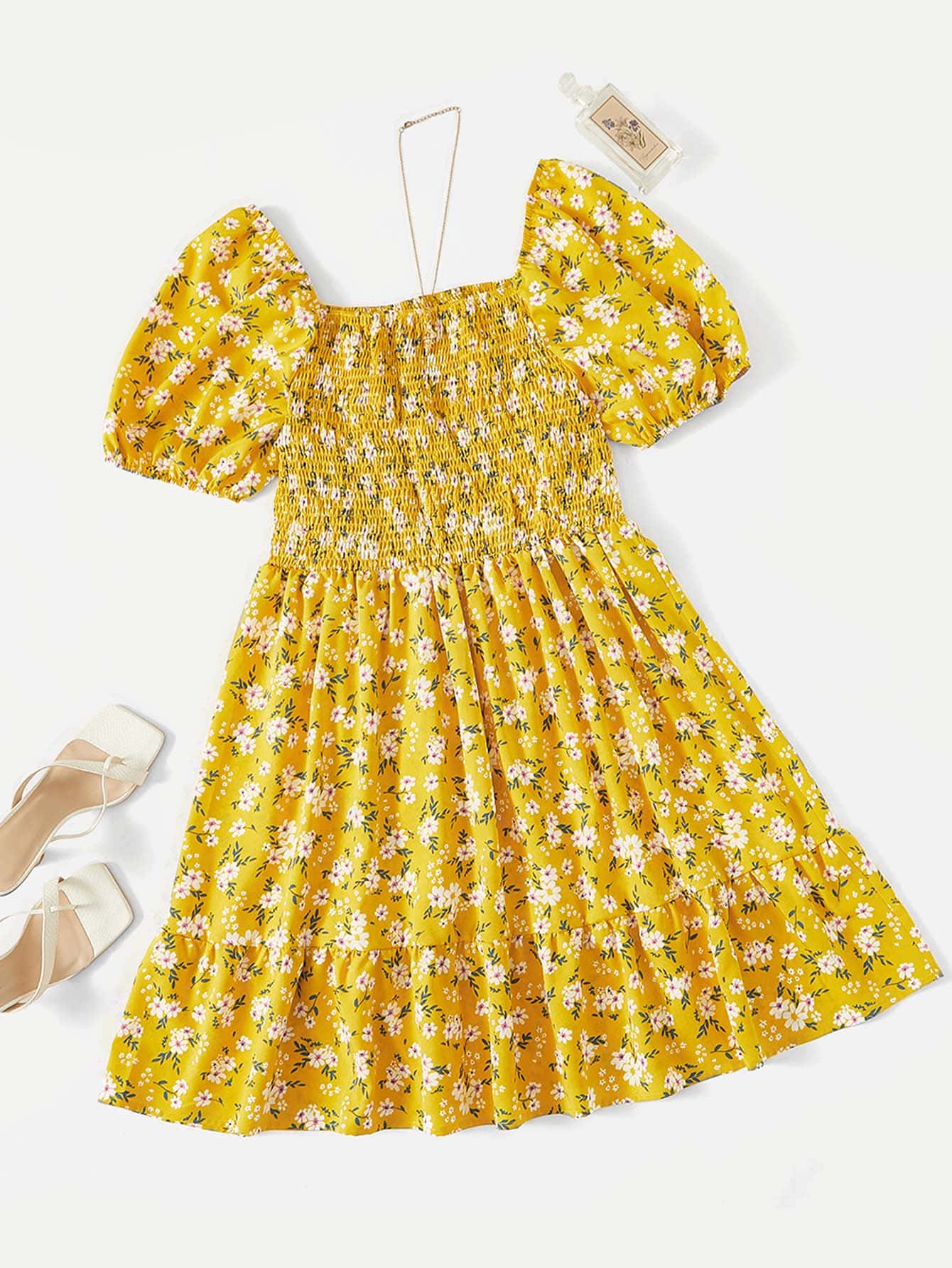SHEIN Holidaya Plus Floral Print Shirred Puff Sleeve Ruffle Hem Dress - Yellow - View 1