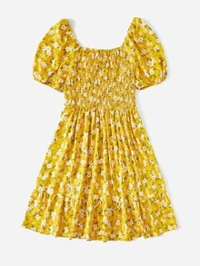 SHEIN Holidaya Plus Floral Print Shirred Puff Sleeve Ruffle Hem Dress - Yellow - View 2