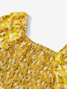 SHEIN Holidaya Plus Floral Print Shirred Puff Sleeve Ruffle Hem Dress - Yellow - View 4