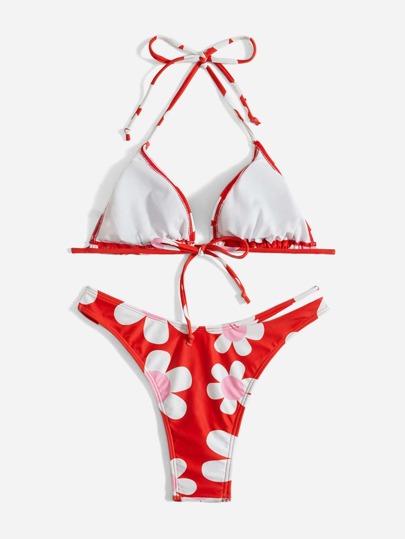 Floral Print Halter Cut Out Bikini, For Summer Beach Vacation
