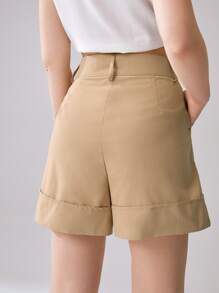 SHEIN Frenchy Plicated Detail Slant Pockets Wide Leg Shorts Summer Casual - Khaki - View 2