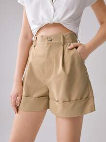 SHEIN Frenchy Plicated Detail Slant Pockets Wide Leg Shorts Summer Casual - Khaki - View 3