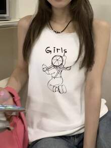 卡通女孩圖案蕾絲邊背心上衣 - 白色 - 查看 3