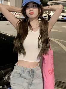 Letter Patched Crop Tank Top - White - View 3