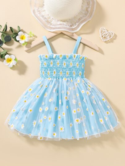 Souflis Souflis Vestido Con Corte De Tirantes Con Efecto Floral Para Niña Pequeña Con Capa De Malla Fruncida Y Ribetes De Volantes