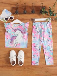 SHEIN 小女童卡通圖案紮染T恤和褲子 - 彩色 - 查看 1