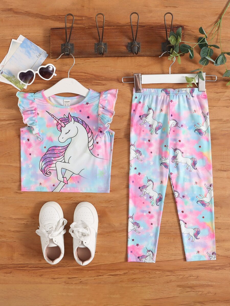 SHEIN 小女童卡通圖案紮染T恤和褲子 - 彩色 - 查看 1