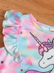 SHEIN 小女童卡通圖案紮染T恤和褲子 - 彩色 - 查看 4