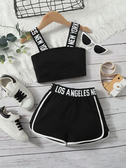 SHEIN Young Girl Letter Tape Top & Dolphin Shorts