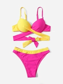 SHEIN Swim Two Tone Wrap Push Up Bikini For Summer Beach Vacation