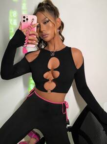 SHEIN ICON O-ring Cut Out Crop Tee - Black - View 1
