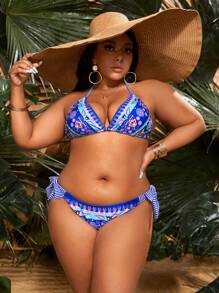 加大尺碼波普印花露背三角綁帶比基尼套裝，適合夏季沙灘 - 彩色 - 查看 1