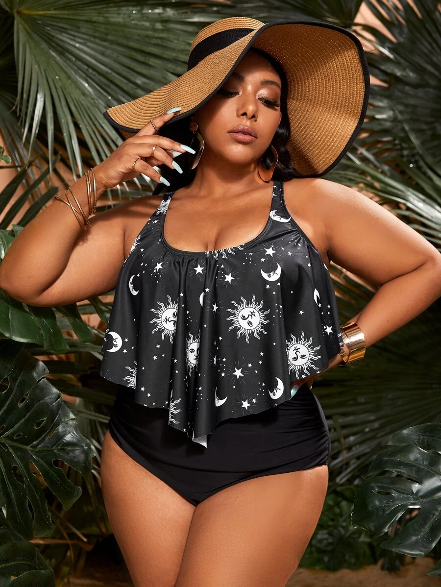 SHEIN Swim Curve Plus Size Sun & Moon Print High Waist Tankini Bathing Suit Summer Beach - Black - View 1