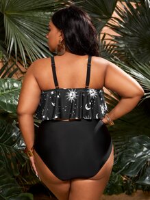 SHEIN Swim Curve Plus Size Sun & Moon Print High Waist Tankini Bathing Suit Summer Beach - Black - View 2