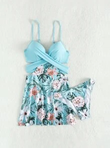 SHEIN Swim Summer Beach Tropical Print Tankini Set Crisscross Push Up Cami Top & Cheeky Bikini Bottom 2 Piece Swimwear - Multicolor - View 6